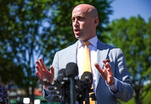 Deputy Chief of Staff Stephen Miller speaks to members of the media outside of the White House on April 28, 2025 in Washington, DC.