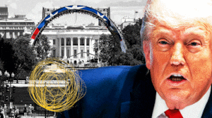 Illo illustration of Donald Trump in front of the UFC stage construction on the White House lawn with a tumbleweed going by
