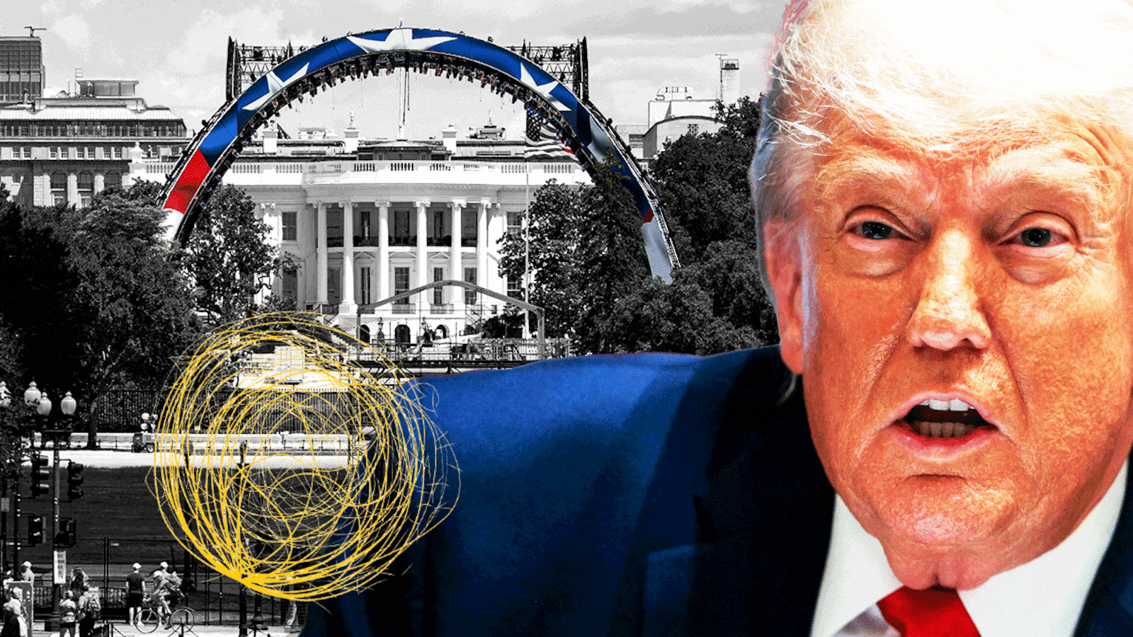 Illo illustration of Donald Trump in front of the UFC stage construction on the White House lawn with a tumbleweed going by