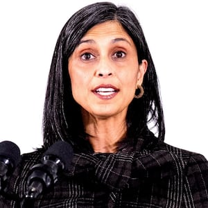 Second lady Usha Vance speaks at a Red Cross holiday care package event inside a hangar on December 1, 2025, at Joint Base Andrews, Maryland.