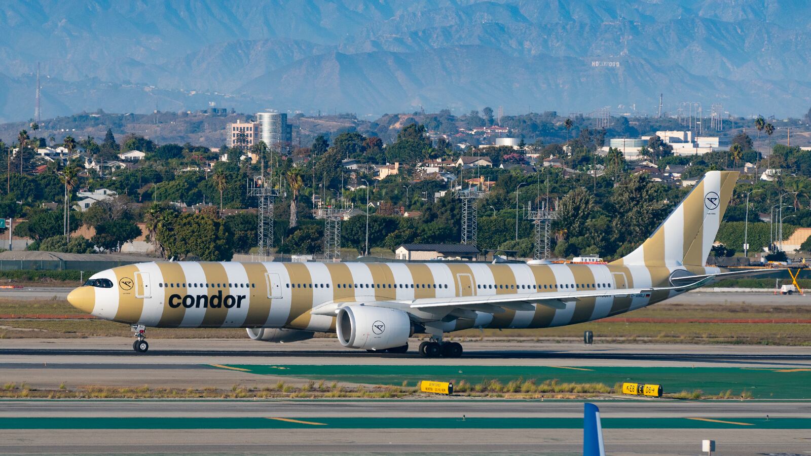 Condor airlines Airbus A330-941 prepares for takeoff at Los Angeles International Airport on Oct. 19, 2023, in Los Angeles, California.