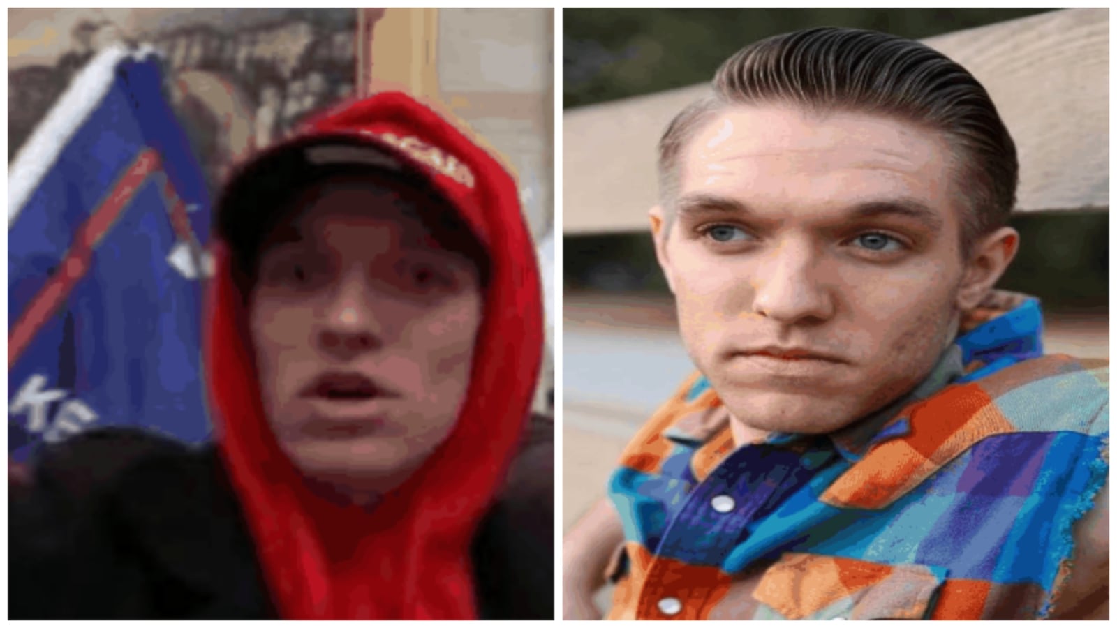 Side-by-side photos of Nolan Freeman, including a screenshot of him allegedly at the U.S. Capitol, and a professional headshot.