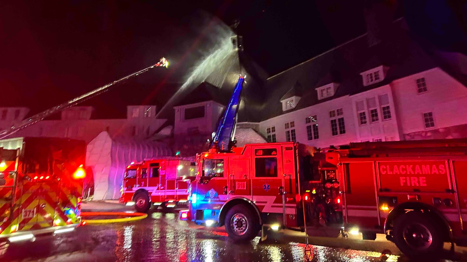 Fire crews respond to the fire at the Timberline Lodge in Oregon.