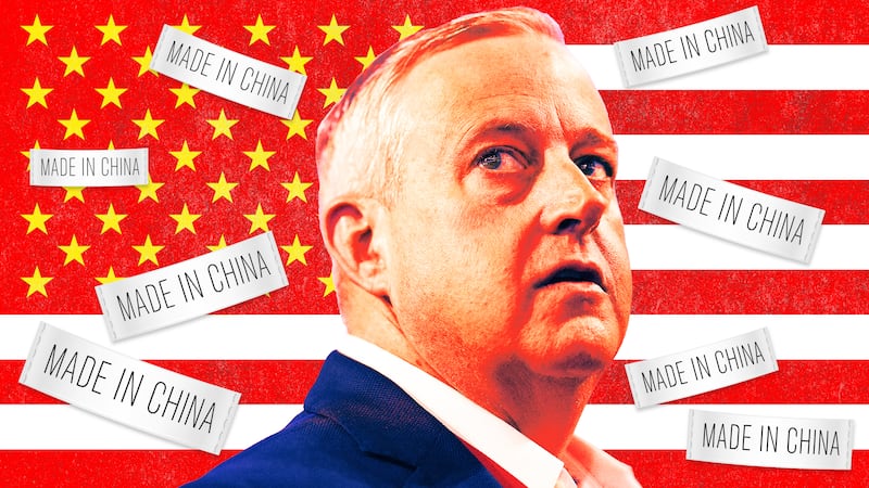 A photo illustration of Michael Whatley, the US flag, and "Made in China" tags.