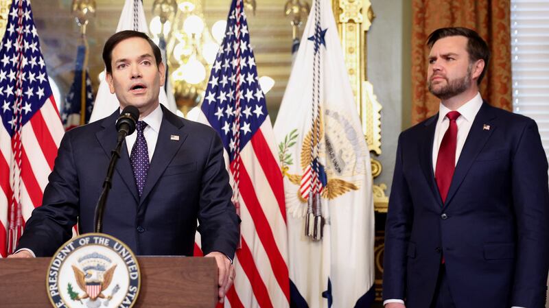 Marco Rubio speaks after he is sworn in as Secretary of State by U.S. Vice President JD Vance at the Eisenhower Executive Office Building in Washington, U.S., January 21, 2025.  REUTERS/Kevin Lamarque
