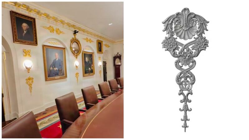 The Cabinet Room, like the Oval Office, is now filled with a moulding that resembles a $58 item at Home Depot.