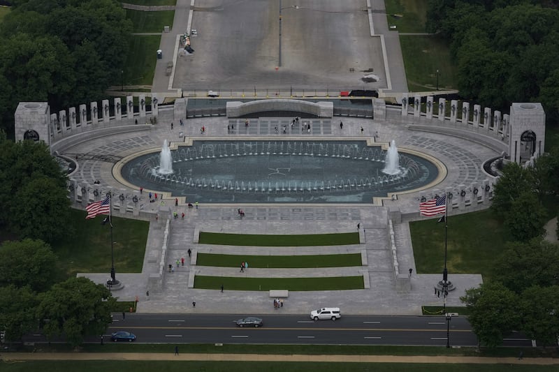 Trump says he wants to paint the fountain of the WWII Memorial as seen from the top of the Washington Monument in Washington, D.C., U.S., May 2, 2026.