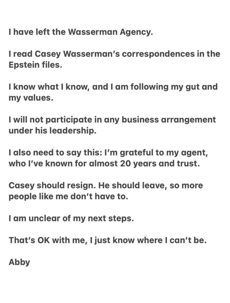 Former U.S. Women's National Team player Abby Wambach posted this announcement of her departure from Wasserman on Instagram.