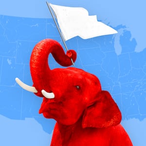 A photo illustration of red GOP elephant waving the white flag in front of a map of the USA.