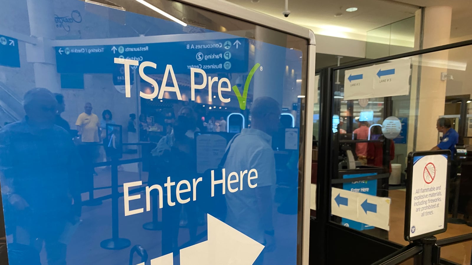 TSA Pre Check enter here sign at airport transportation security administration area, Palm Beach International Airport, Florida.
