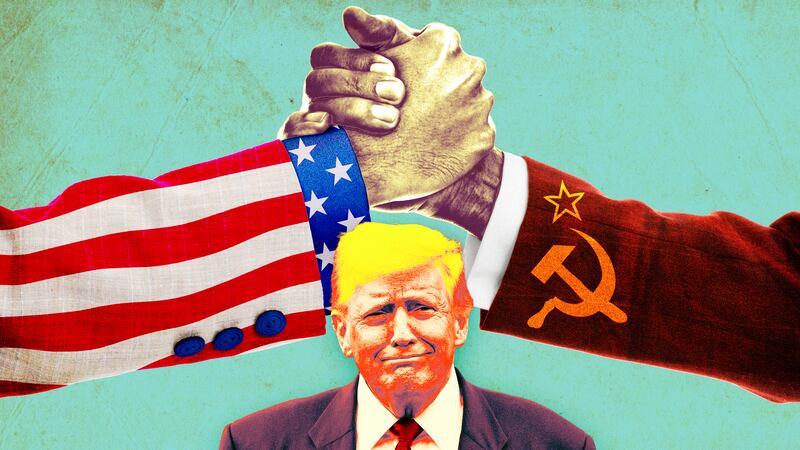 A photo illustration of President Donald Trump, and two arms grasping fists wearing a USA and USSR Soviet flag sleeve.