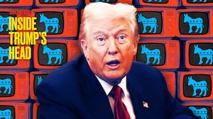 A photo illustration of Donald Trump in front of television sets with Democrat donkey logo.
