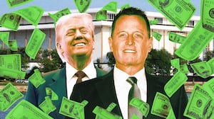 A photo illustration of Donald Trump, Richard Grenell, and flying money in front of the Kennedy Center.