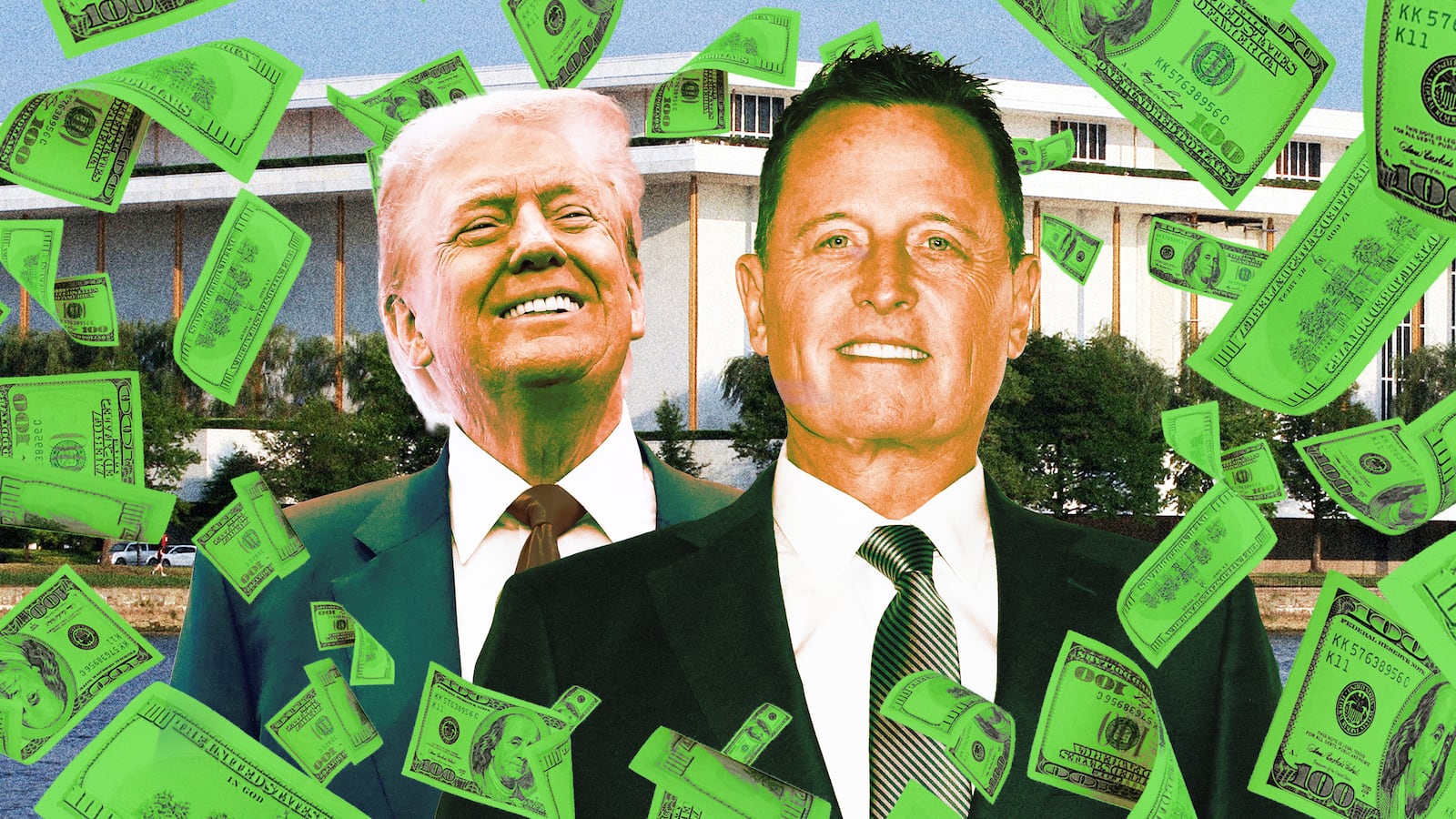A photo illustration of Donald Trump, Richard Grenell, and flying money in front of the Kennedy Center.