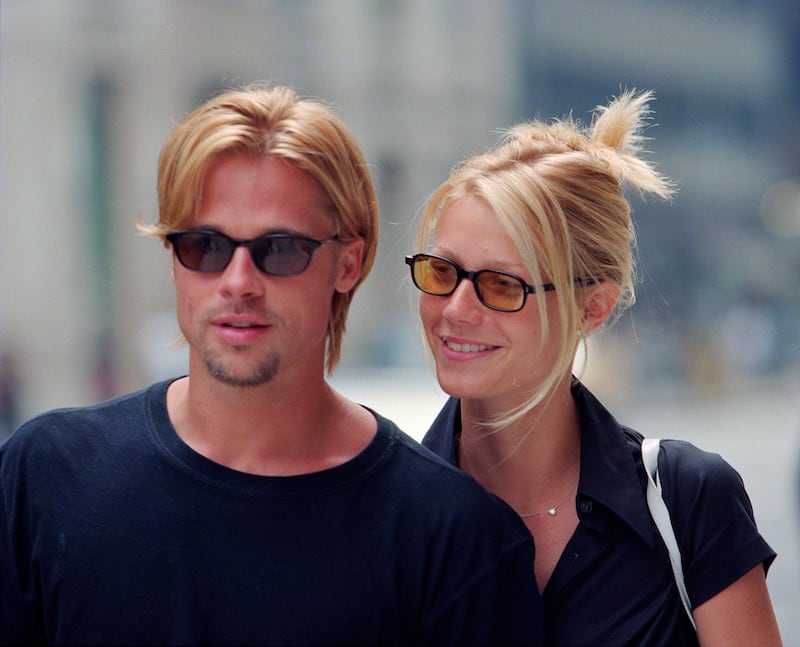 Brad Pitt and Gwyneth Paltrow look beautiful and happy while strolling on Madison Avenue, NYC, on August 3, 1996. (Photo by Lawrence Schwartzwald/Sygma via Getty Images)