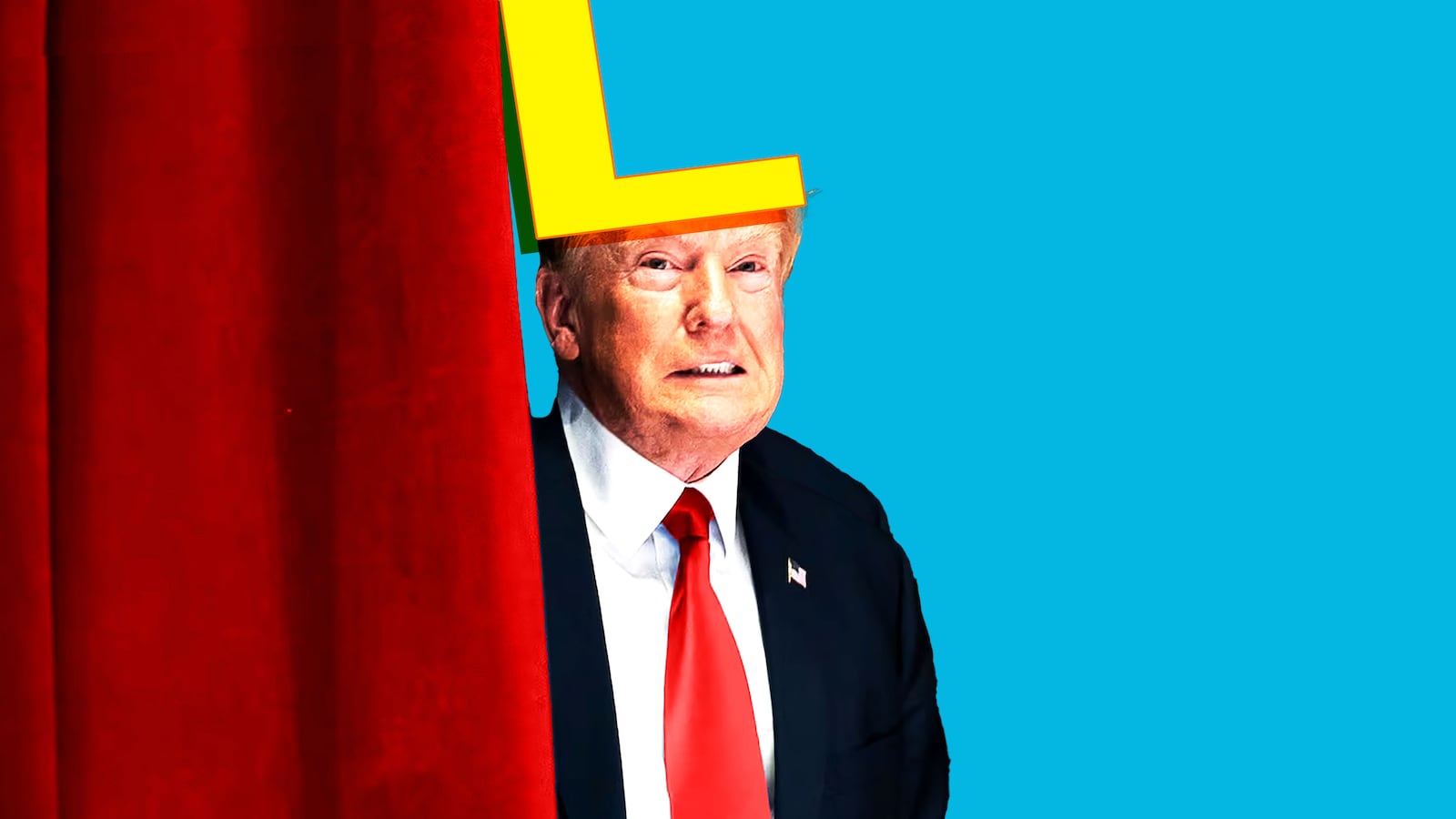 Donald Trump peaking out behind a curtain with an L on his head