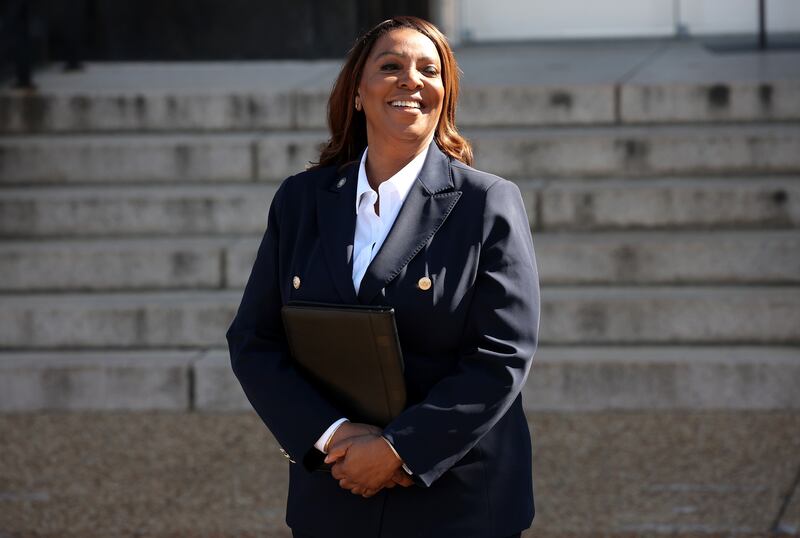 New York Attorney General Letitia James speaks outside the Walter E. Hoffman United States Courthouse following an arraignment hearing on October 24, 2025 in Norfolk, Virginia.
