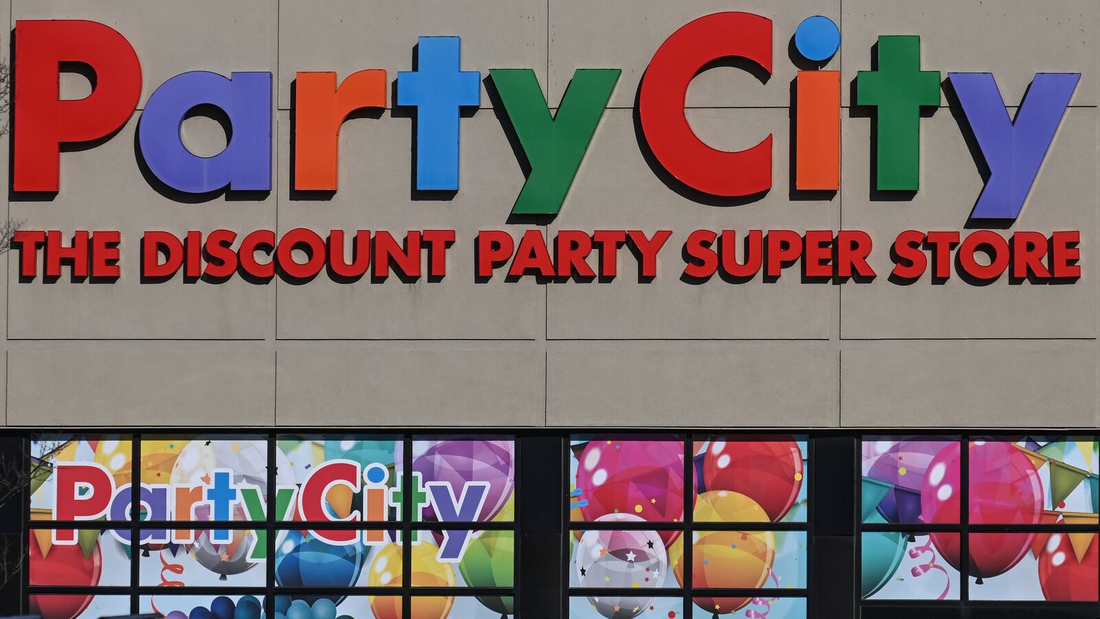 Party City logo and store, on April 3, 2024, in Sherwood Park, Strathcona County, Alberta, Canada.