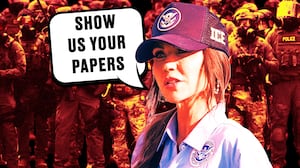 A photo illustration of Kristi Noem with DHS agents and a speech bubble that says Show Us Your Papers.
