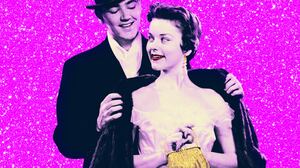 A photo illustration of a 1950s man helping a woman in a dress with her fur coat.