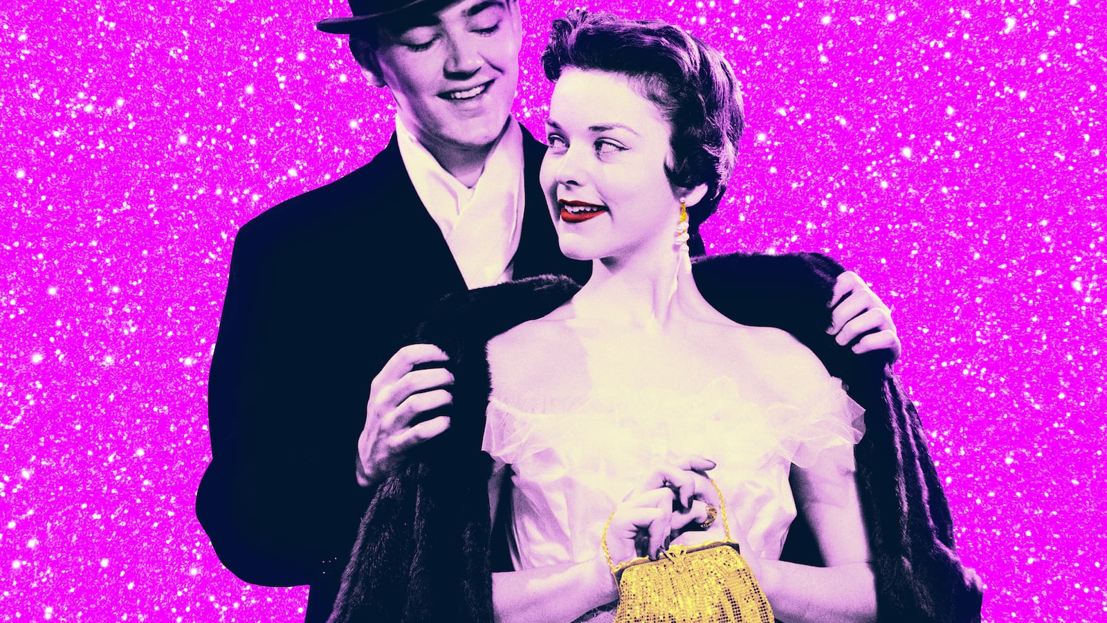 A photo illustration of a 1950s man helping a woman in a dress with her fur coat.