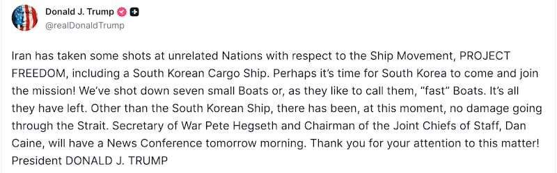 President Donald Trump calls on South Korea to help with passage through Strait of Hormuz after U.S. launched "Project Freedom."
