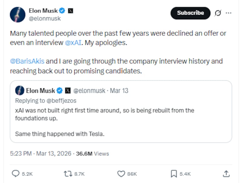 Musk apologizes for hiring failures and admits he is having to go through applications himself.