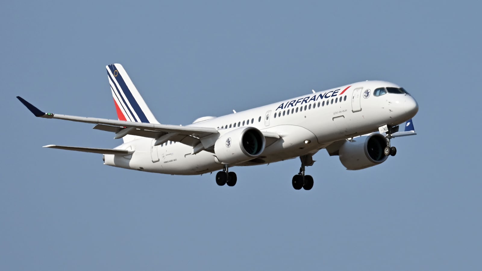 Airbus A220-300 Air France aircraft identification code F-HPNS. Planes at Leonardo Da Vinci international airport in Fiumicino. Fiumicino (Italy), August 10st, 2025
