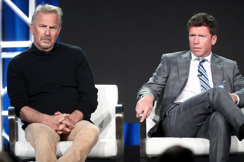 Actor Kevin Costner (L) and producer/writer Taylor Sheridan of 'Yellowstone' speak onstage