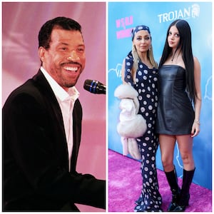 Left: Lionel Richie performing on the piano in front of a pink backdrop in 1997; Right: Nicole Richie and Kate Madden pose together in 2026.