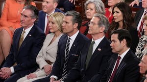 WASHINGTON, DC - FEBRUARY 24: Cabinet members (L to R) Secretary of the Interior Doug Burgum, Attorney General Pam Bondi, Secretary of War Pete Hegseth, Treasury Secretary Scott Bessent and Secretary of State Marco Rubio watch President Donald Trump's State of the Union address during a Joint Session of Congress at the U.S. Capitol on February 24, 2026, in Washington, DC. Trump delivered his address days after the Supreme Court struck down the administration's tariff strategy and amid a U.S. military buildup in the Persian Gulf threatening Iran. (Photo by Win McNamee/Getty Images)