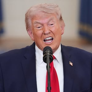 President Donald Trump speaks from the Cross Hall of the White House on April 1, 2026 in Washington, DC. Trump used the primetime address to update the nation on the war in Iran.