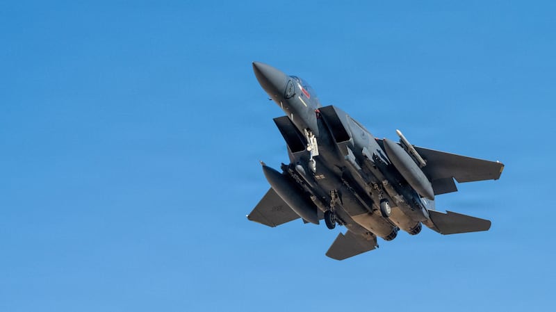 A U.S. Air Force F-15E Strike Eagle aircraft takes off for a mission supporting Operation Epic Fury during the Iran war at an undisclosed location, March 9, 2026.