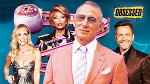 A photo illustration of Sarah Michelle Gellar, RuPaul, and Joel McHale for the Obsessed Podcast.