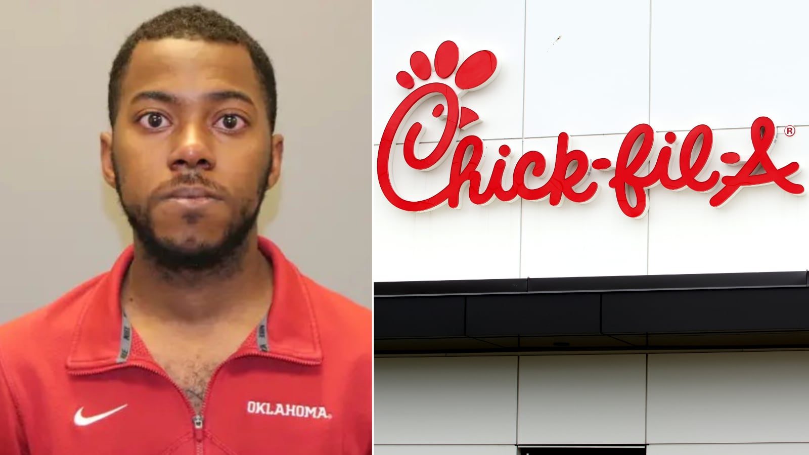 A mugshot of Keyshun Jones next to an image of the exterior signage of a Chick-fil-A.