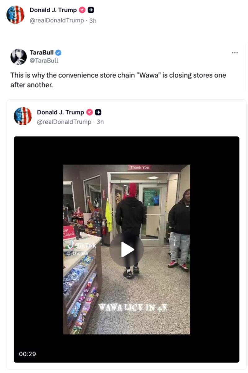 Donald Trump Truth Social repost about Wawa