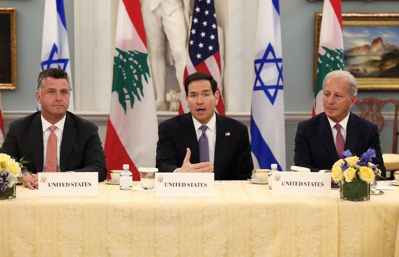U.S. Secretary of State Marco Rubio, flanked by U.S. State Department Counsellor Michael Needham and U.S. Ambassador to Lebanon Michel Issa, meets with Israeli Ambassador to the United States Yechiel Leiter and Lebanese Ambassador to the United States Nada Hamadeh Moawad at the State Department in Washington, D.C., U.S., April 14, 2026. REUTERS/Kevin Lamarque