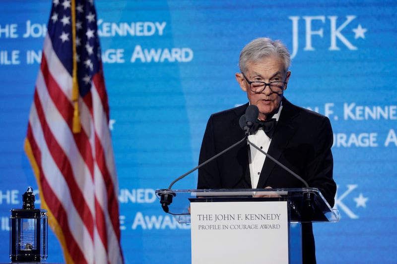 Federal Reserve Board Governor and former chair, Jerome Powell, speaks after receiving the 2026 John F. Kennedy Profile in Courage Award at the John F. Kennedy Presidential Library and Museum in Boston, Massachusetts, U.S., May 31, 2026.