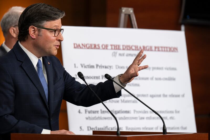 House Speaker Mike Johnson spoke with a list of "dangers" about the discharge petition ahead of the Epstein vote on Tuesday while also saying he would vote for it after Trump told Republicans to back it claiming they had nothing to hide.