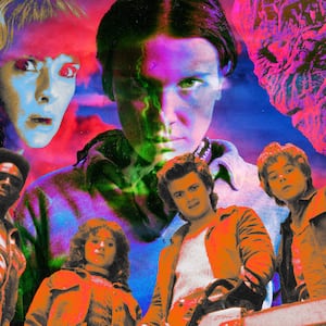 A photo illustration of the cast of Stranger Things.