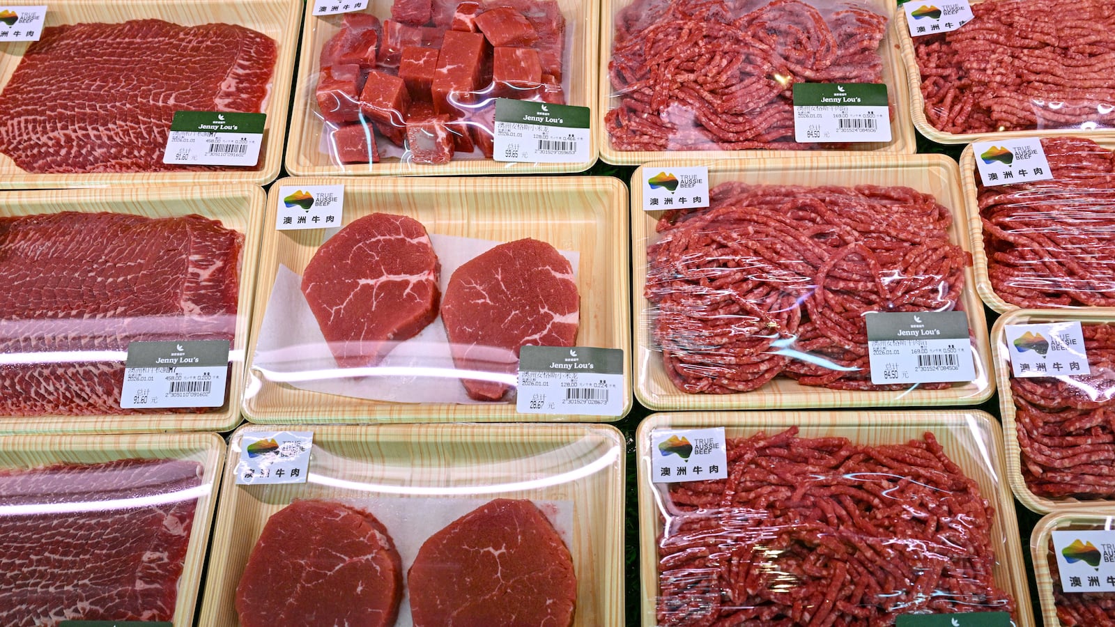 Imported beef from Australia is seen at a supermarket in Beijing on January 1, 2026. Australia's government is "disappointed" with China's decision to impose new beef import tariffs, with one industry group warning the move could damage trade worth over AU$1 billion between the two countries. (Photo by ADEK BERRY / AFP via Getty Images)