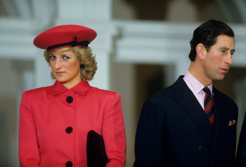 Diana, the Princess of Wales, stands next to her husband, Charles, the Prince of Wales, during a function held in their honor on February 11, 1987, in Bonn, Germany.