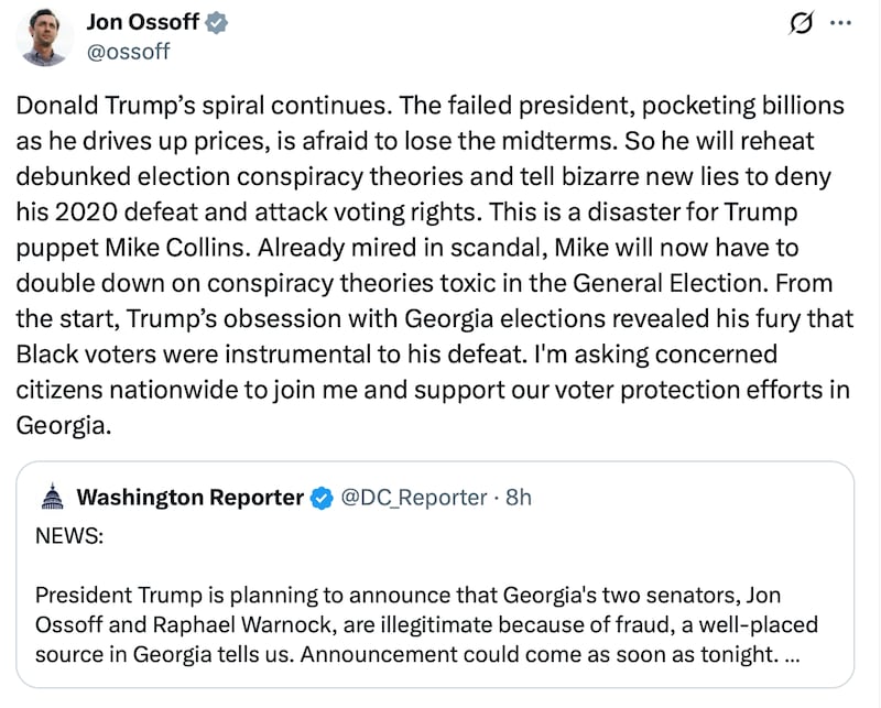 Jon Ossoff reacts to a post about a Trump rumor.