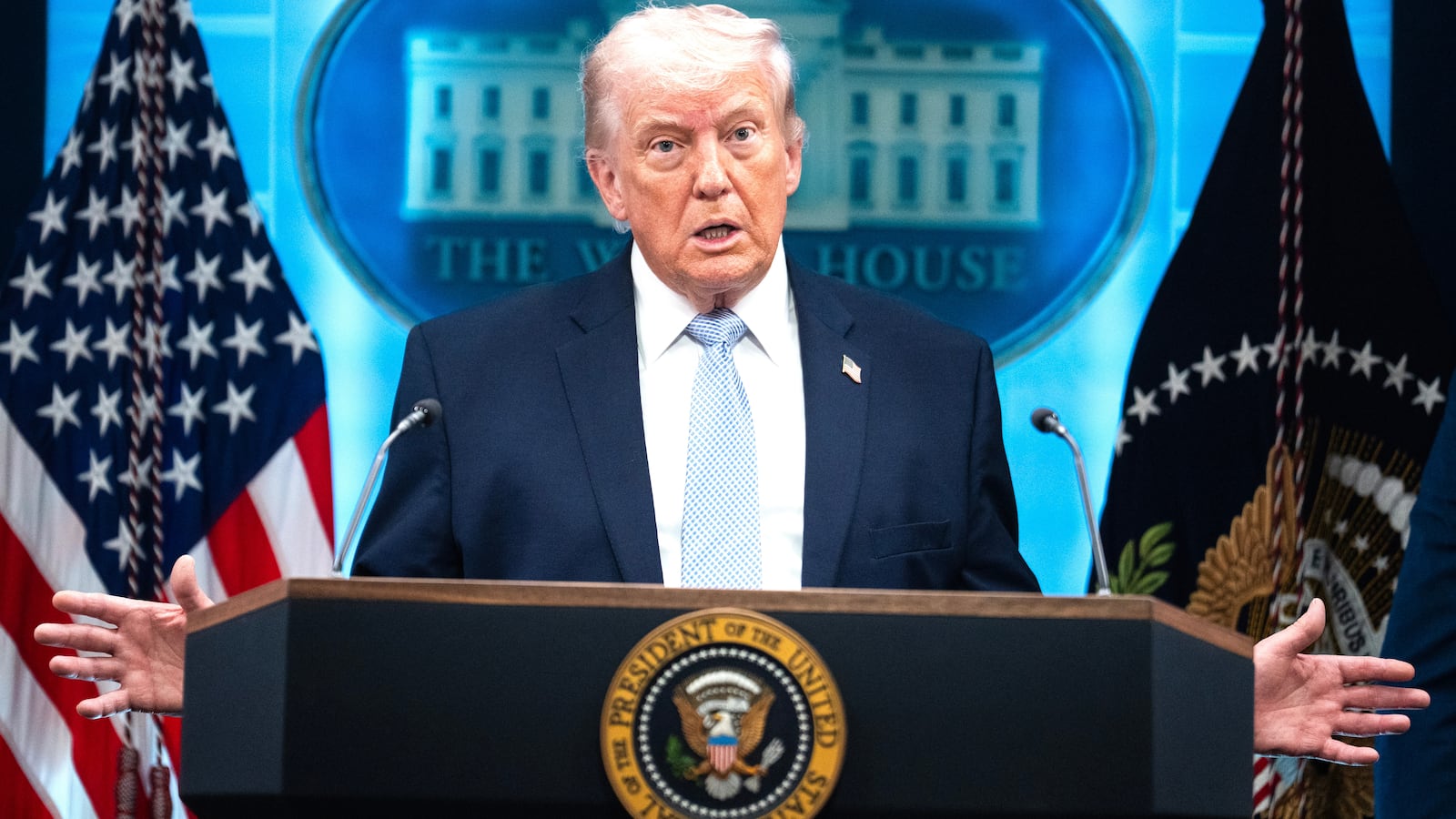 President Donald Trump conducts a news conference in the White House briefing room about the war in Iran on Monday, April 6, 2026.