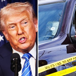 Donald Trump and the vehicle involved in a shooting by an ICE agent during federal law enforcement operations on Jan. 7, 2026 in Minneapolis, Minnesota.