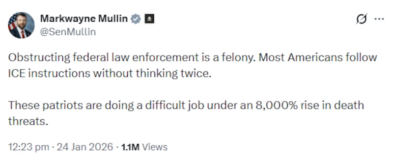 Senator Markwayne Mullin responds after immigration agents kill Alex Pretti.