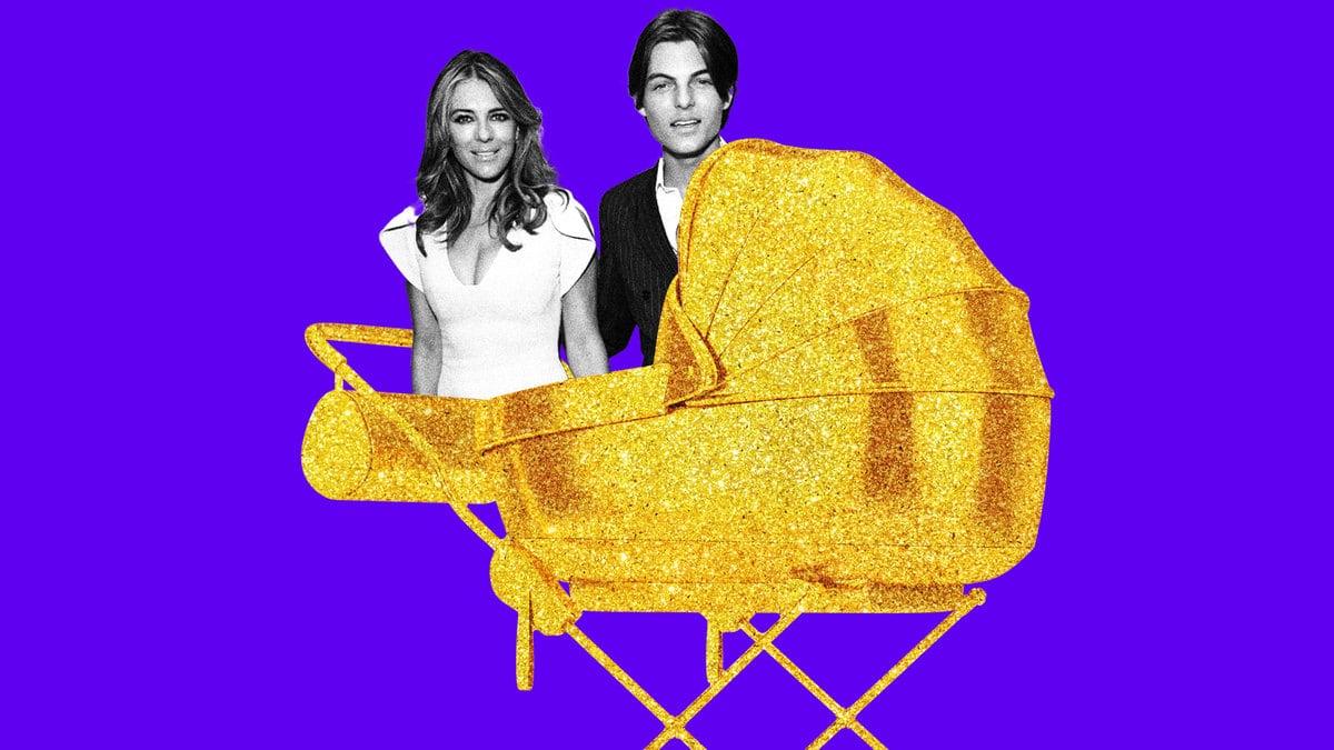 An illustration including a photo of Elizabeth Hurley and her nephew Damian in a golden stroller
