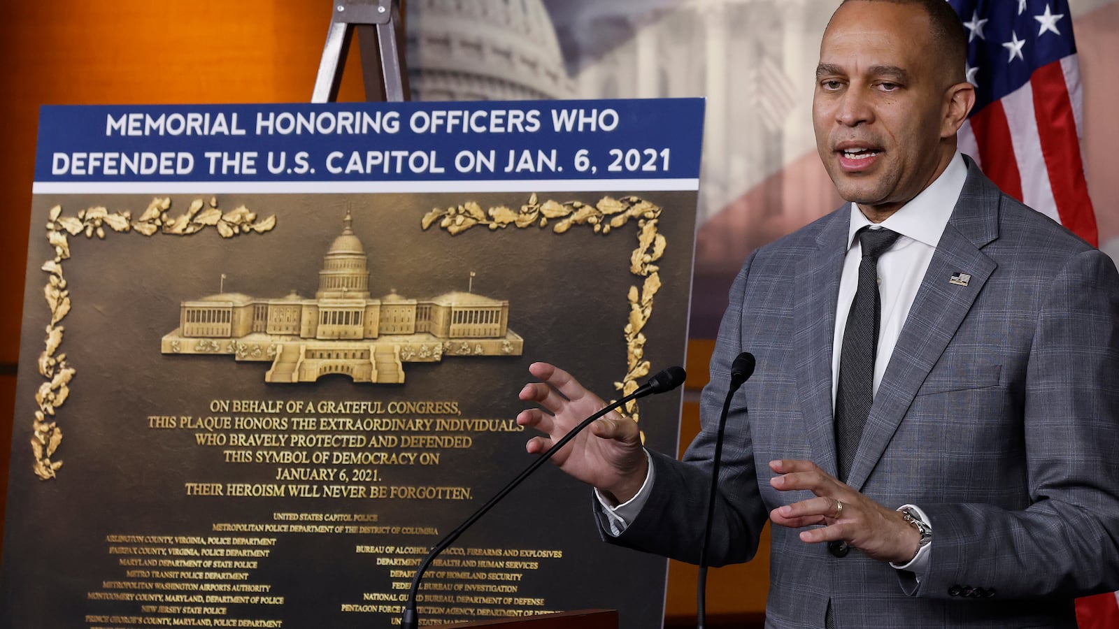 House Minority Leader Hakeem Jeffries (D-NY) talks to reporters during his weekly news conference at the U.S. Capitol Visitors Center on May 16, 2024.