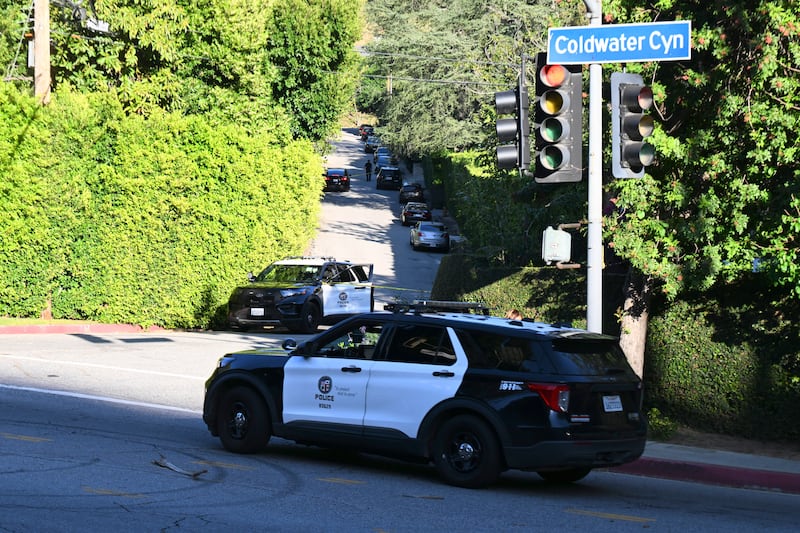 Police vehicles outside of Rihanna's Beverly Hills home after a report of gun shots fired on March 08, 2026 in Los Angeles, California.