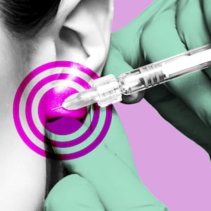 Illustration of an injection going into a woman's ear